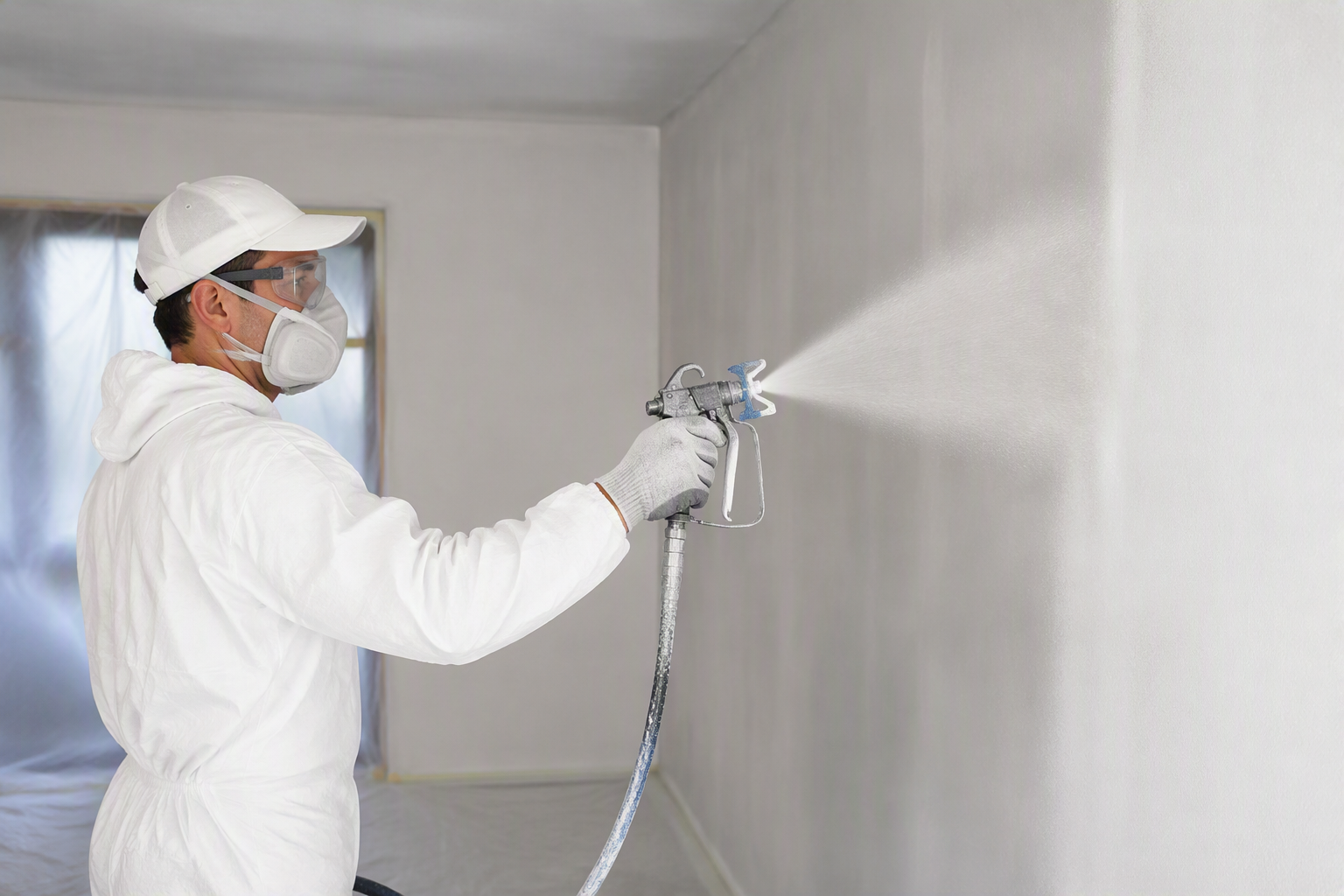 Painter spraying an even coat onto a wall with a crisp masked edge